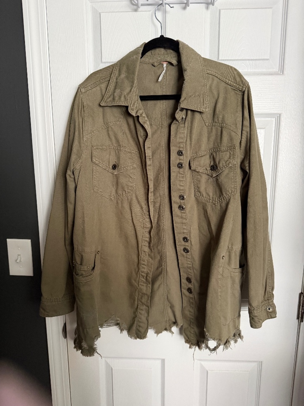 Free People Khaki Distressed Utility Shirt Jacket Size Large